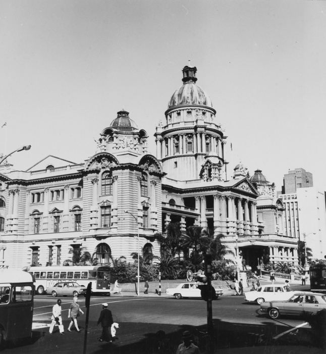 Black and white photograph of Durban City Hall with its domed towers