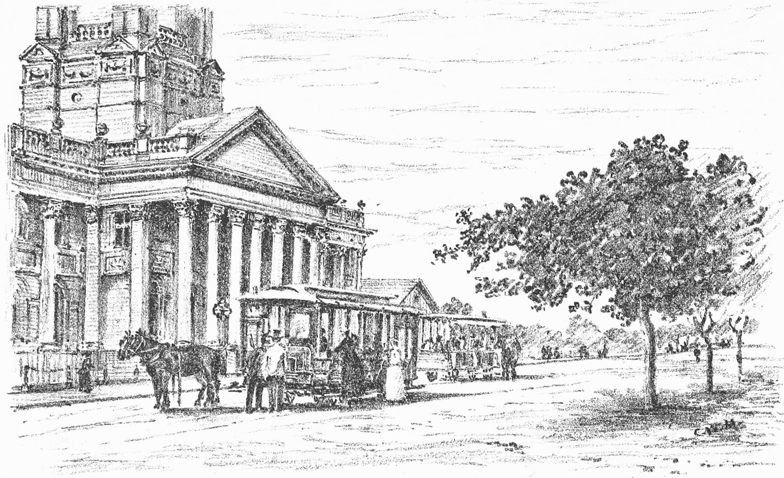 Engraving of horse-drawn trams at the colonnaded Durban Town Hall, 1891